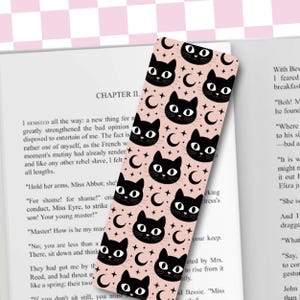 Glossy Halloween bookmarks with black cats, crescent moons and stars