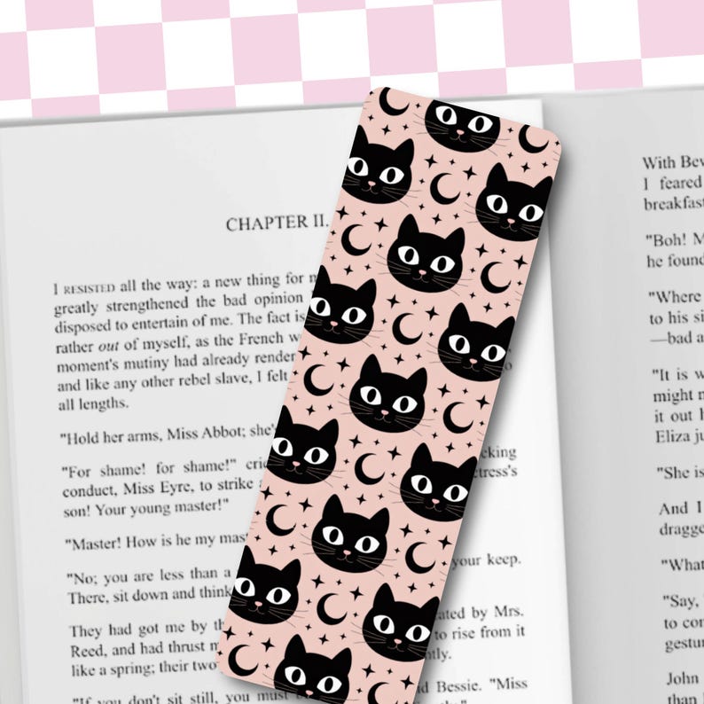 Glossy Halloween bookmarks with black cats, crescent moons and stars