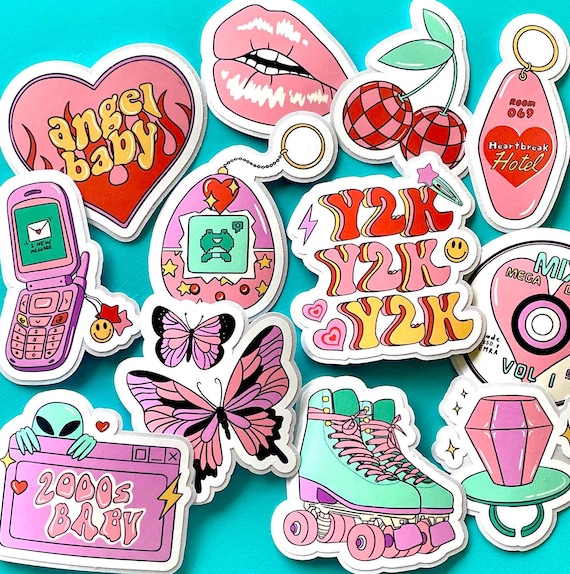Y2K Vinyl Stickers, Retro Aesthetic Sticker Pack, 12 PCS Pink Girly Water-Resistant Stickers, 90s 2000s Millennial Gift