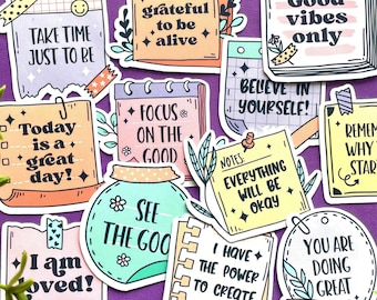 Motivation Sticky Note stickers, 12 Positive Affirmation Stickers, Water-Resistant Inspiration Quotes Vinyl Stickers