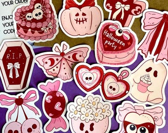 Red Halloween Sticker Pack 13 PCs Spooky Stickers, Creepy Cute Water-Resistant Stickers, Coquette Aesthetic