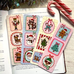 Christmas Frame Bookmarks, Preppy Xmas Bookmark Set, Christmas Holiday Stocking Stuffer for Reader, Santa Snowman Bookmark, Double-Sided