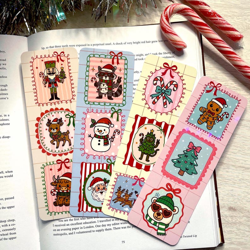 Christmas Frame Bookmarks, Preppy Xmas Bookmark Set, Christmas Holiday Stocking Stuffer for Reader, Santa Snowman Bookmark, Double-Sided