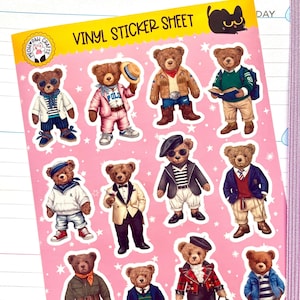 Teddy Bear Sticker Sheet, Fashion Bear Vinyl Stickers. Great for Planners, Journaling, Scrapbooking, Laptop, Kindle - 12 Waterproof Stickers