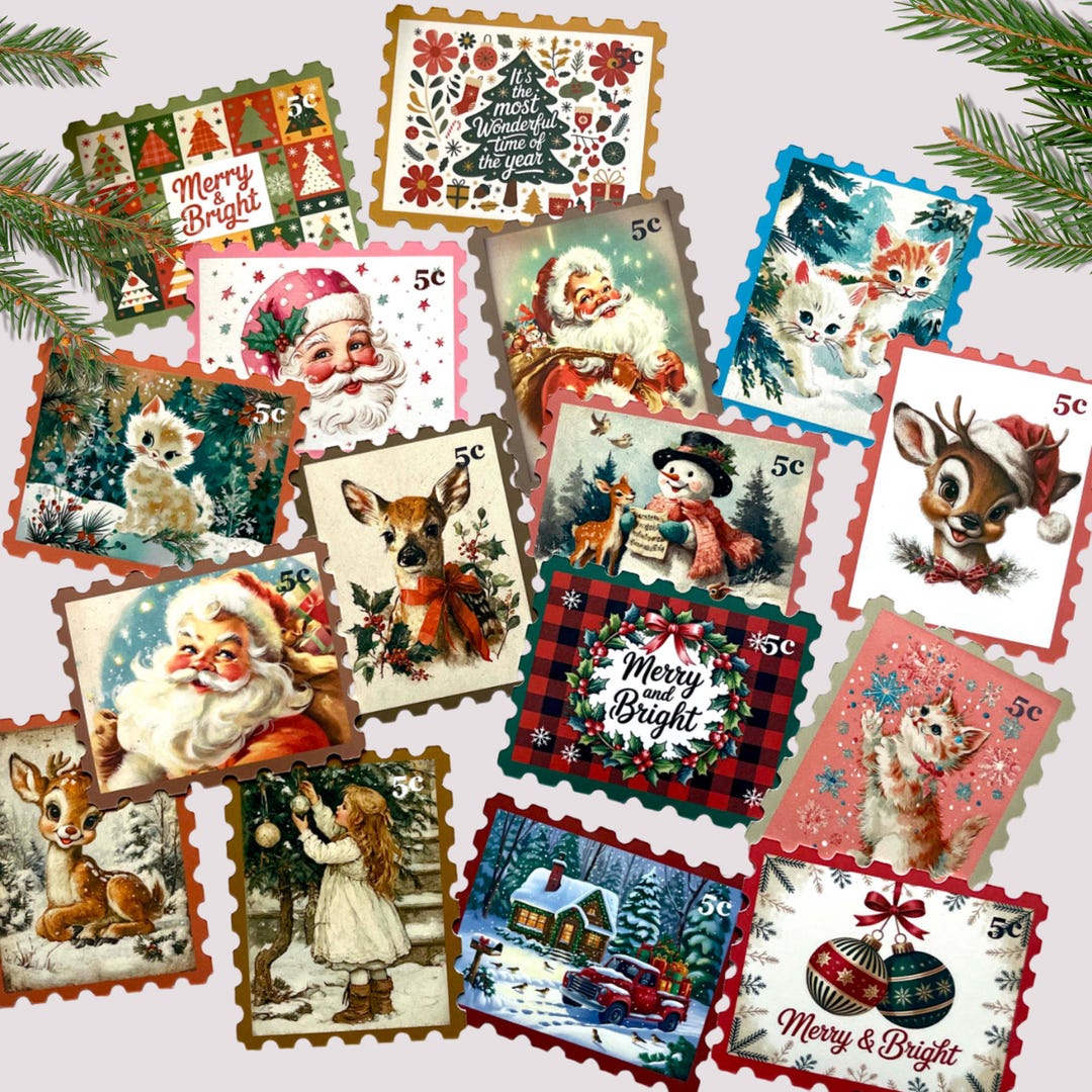 Vintage Christmas Postage Stamp Stickers 16 Pcs Retro Xmas Holiday ...