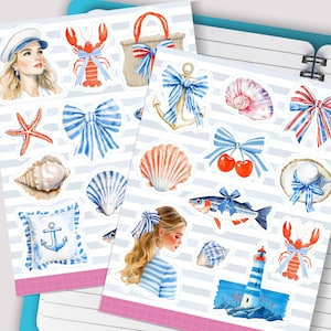 Coquette Coastal Sticker Sheets, Nautical Aesthetic Vinyl Stickers. Seashells Sardines Summer Beach Stickers for Journaling and Scrapbooking