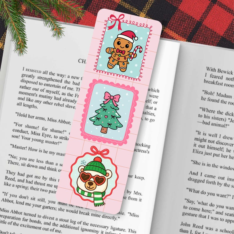 Christmas Frame Bookmarks, Preppy Xmas Bookmark Set, Christmas Holiday Stocking Stuffer for Reader, Santa Snowman Bookmark, Double-Sided