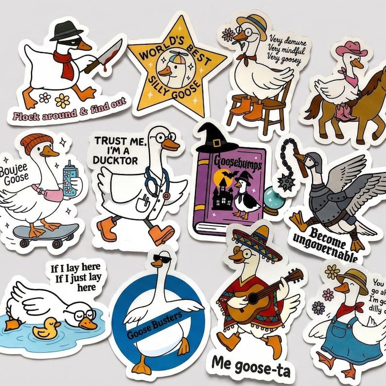 Funny Goose Sticker Pack, 12 Silly Goose Meme Stickers for Laptop Water-Bottle Kindle, Best Friend Gift