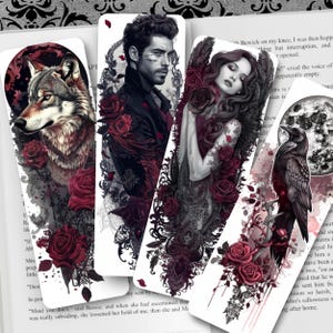 Dark Romance Bookmark, Gothic Bookmark Set, Red Rose Bookish Gift, Grayscale Double-Sided Bookmarks