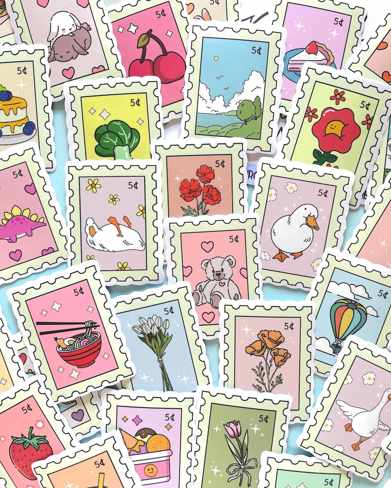10/25/50 Cute Postage Stamp Stickers, Fake Stamps, Animals Flowers Food, 5 Cent Stickers, Waterproof Random Selection, Kawaii Sticker Pack