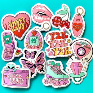 Y2K Vinyl Stickers, Retro Aesthetic Sticker Pack, 12 PCS Pink Girly Waterproof Stickers For Laptop Water Bottle, 90s 2000s Millennial Gift