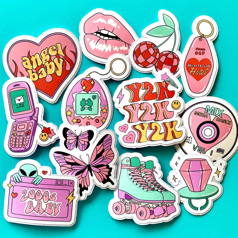 Y2K Vinyl Stickers, Retro Aesthetic Sticker Pack, 12 PCS Pink Girly Waterproof Stickers For Laptop Water Bottle, 90s 2000s Millennial Gift