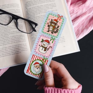Christmas Frame Bookmarks, Preppy Xmas Bookmark Set, Christmas Holiday Stocking Stuffer for Reader, Santa Snowman Bookmark, Double-Sided