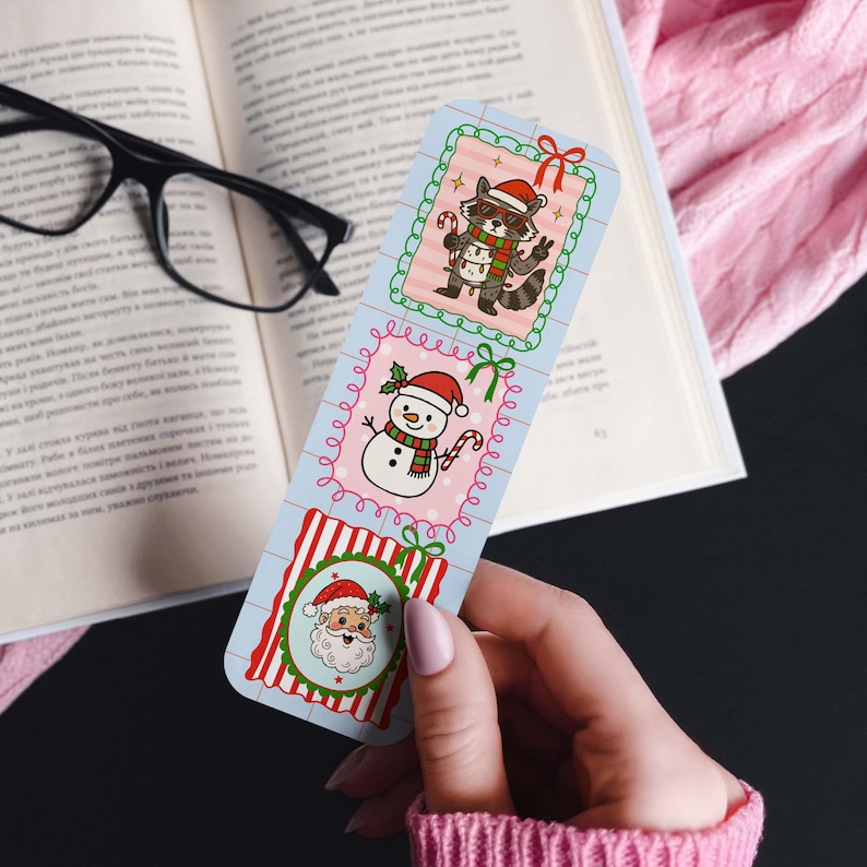 Christmas Frame Bookmarks, Preppy Xmas Bookmark Set, Christmas Holiday Stocking Stuffer for Reader, Santa Snowman Bookmark, Double-Sided