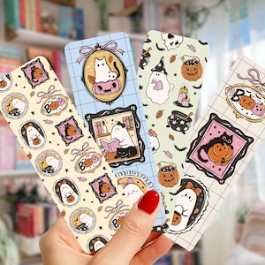 Cute Halloween Bookmarks, Ghost Pumpkin Bow Frames Bookmark Set, Spooky Bookish Gift, Coquette Girly Aesthetic Double-Sided Glossy Bookmarks