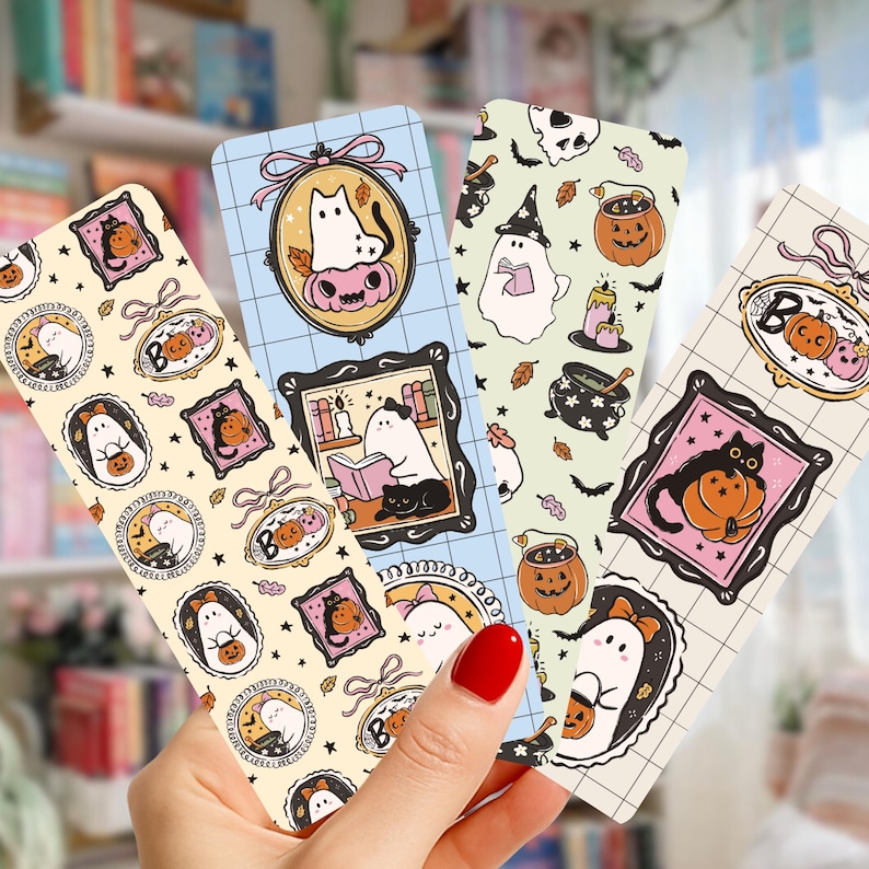 Cute Halloween Bookmarks, Ghost Pumpkin Bow Frames Bookmark Set, Spooky Bookish Gift, Coquette Girly Aesthetic Double-Sided Glossy Bookmarks