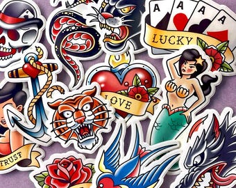 Old School Tattoo Sticker Pack, Traditional Tattoo Flash Sailor Vinyl Stickers 12 Pcs for Laptop, Water Bottle, Kindle, etc.