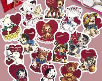 Retro Valentine's Day Stickers Pack of 15 Pcs, 1950s Baby Animals – Vintage Aesthetic Stickers for Journaling Scrapbooking Planner
