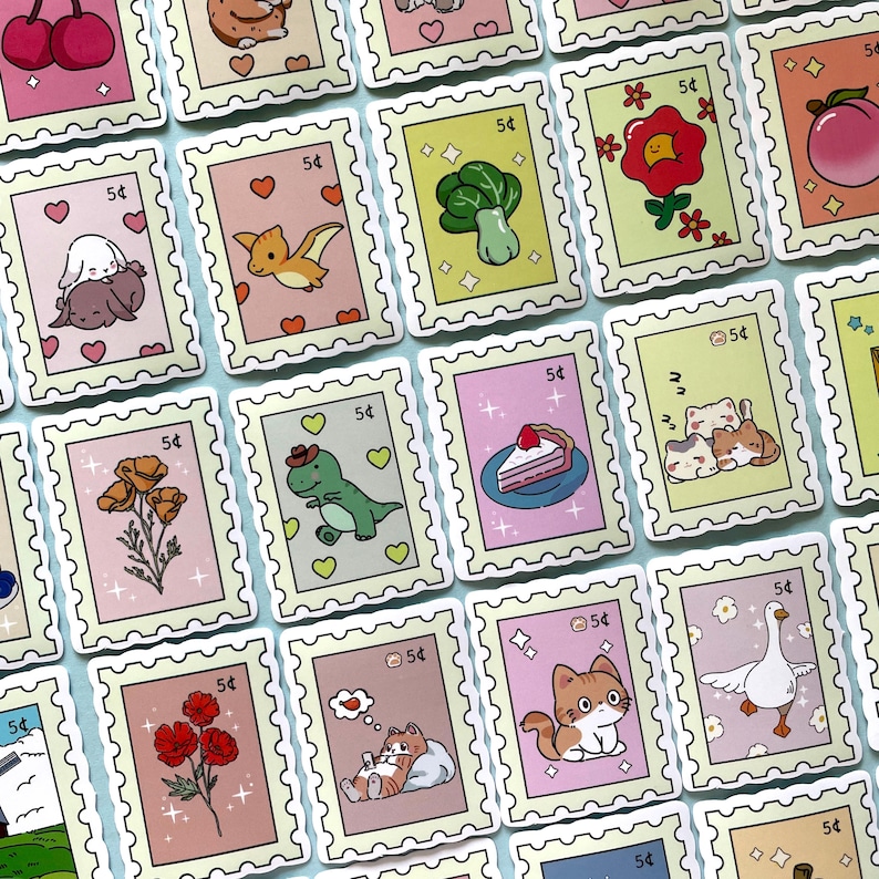 10/25/50 Cute Postage Stamp Stickers, Fake Stamps, Animals Flowers Food, 5 Cent Stickers, Waterproof Random Selection, Kawaii Sticker Pack