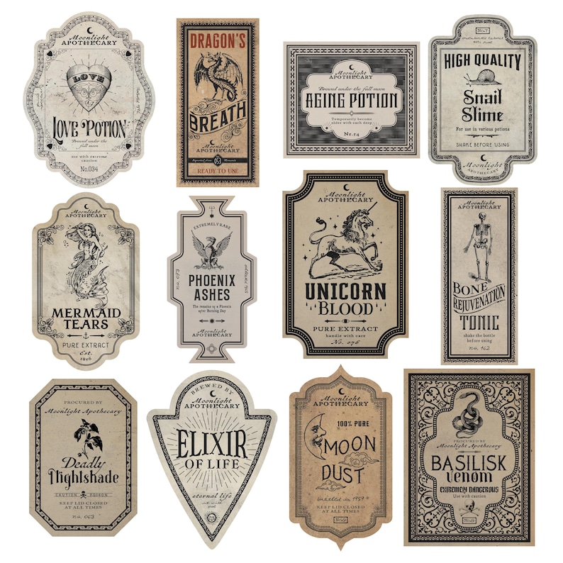Halloween Apothecary Labels, Vintage Potion Bottle 12 PCs Stickers, Halloween Decor, Magic Witch Apothecary Potion, Waterproof Stickers