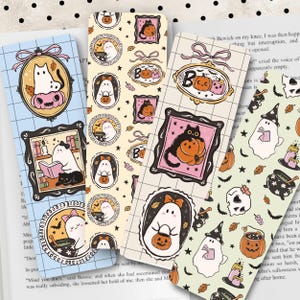 Cute Halloween Bookmarks, Ghost Pumpkin Bow Frames Bookmark Set, Spooky Bookish Gift, Coquette Girly Aesthetic Double-Sided Glossy Bookmarks imagem 5