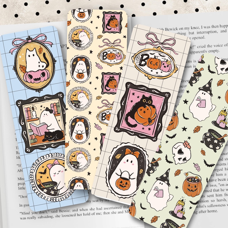Cute Halloween Bookmarks, Ghost Pumpkin Bow Frames Bookmark Set, Spooky Bookish Gift, Coquette Girly Aesthetic Double-Sided Glossy Bookmarks imagem 5