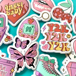 Y2K Vinyl Stickers, Retro Aesthetic Sticker Pack, 12 PCS Pink Girly Waterproof Stickers For Laptop Water Bottle, 90s 2000s Millennial Gift