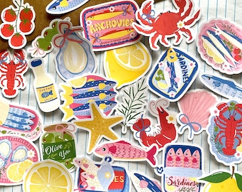 Sardines Stickers, Mediterranean Sticker Pack, 25 PCS Sardines In Can Stickers, Cute Fish and Lemons Vinyl Stickers, Girly Summer