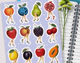 Vintage Fruit Lady Sticker Sheet, Retro Ladies Vinyl Stickers, Berries Peach Cherry Stickers for Planner, Junk Journal, Scrapbooking