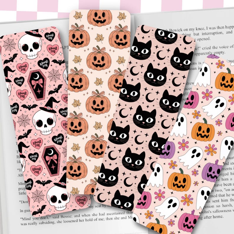 Halloween bookmarks with cute skulls, ghosts, bats and black cats on glossy finish