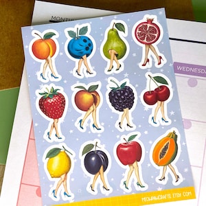 Vintage Fruit Lady Sticker Sheet, Retro Ladies Vinyl Stickers, Vintage Berries Peach Cherry Stickers for Planner, Junk Journal, Scrapbooking