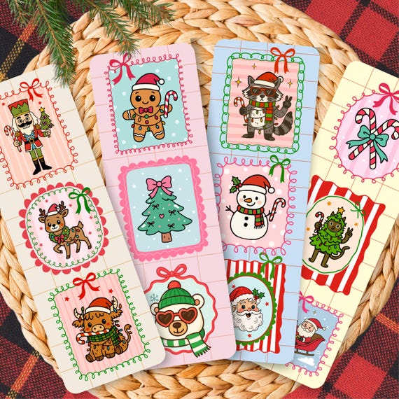 Christmas Frame Bookmarks, Preppy Xmas Bookmark Set, Christmas Holiday Stocking Stuffer for Reader, Santa Snowman Bookmark, Double-Sided
