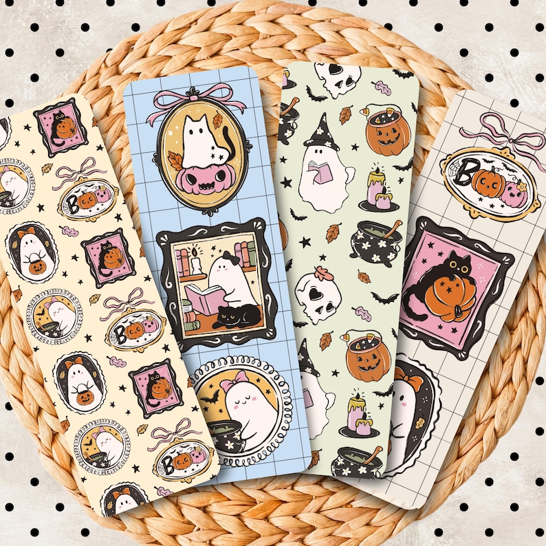 Cute Halloween Bookmarks, Ghost Pumpkin Bow Frames Bookmark Set, Spooky Bookish Gift, Coquette Girly Aesthetic Double-Sided Glossy Bookmarks