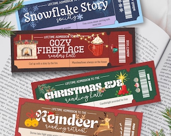May include: Four decorative admission tickets with holiday themes: Snowflake Story, Cozy Fireplace, Christmas Eve, and Reindeer Reading Retreat. Each ticket features unique illustrations and text, with a vintage aesthetic.