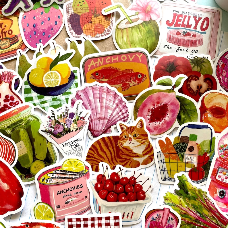 50 Mediterranean Aesthetic Stickers, Tomatoes And Lemons Sardines Italian Food, Dolce Vita Summer Waterproof Stickers, Fruit and Vegetables