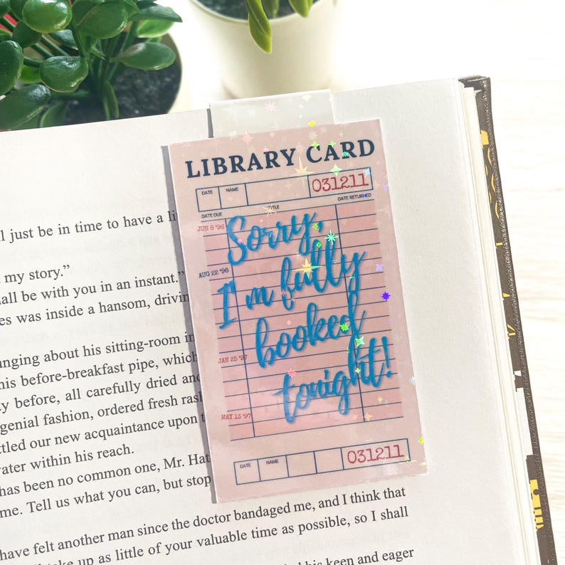 Library Card Magnetic Bookmarks, Funny Bookish Quote, Vintage Public Library, Holographic Pink Bookmark For Bookworm Blue Quote