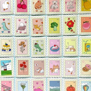 10/25/50 Cute Postage Stamp Stickers, Fake Stamps, Animals Flowers Food, 5 Cent Stickers, Waterproof Random Selection, Kawaii Sticker Pack