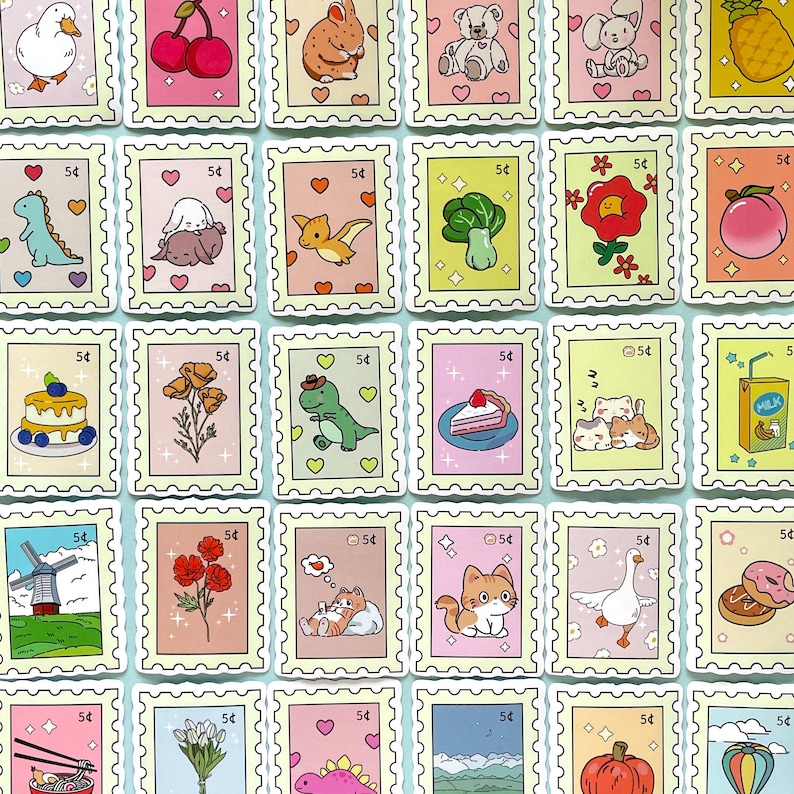 10/25/50 Cute Postage Stamp Stickers, Fake Stamps, Animals Flowers Food, 5 Cent Stickers, Waterproof Random Selection, Kawaii Sticker Pack