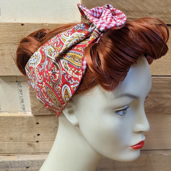 Red Paisley Headband, Red Ginghamvintage Style, Self Tie, Headband