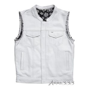 New Men&#39;s White Vest Leather Biker Vest Motorcycle Vest White Real Cow Leather Vest