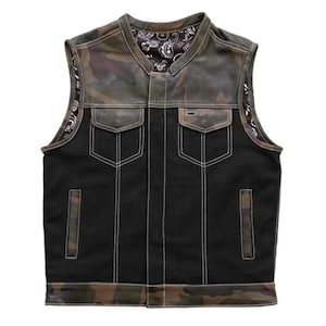 Nieuw heren bikervest camouflagestijl zwart motorvest echt rundleer vest