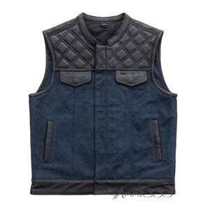 New Men&#39;s Cow Leather Vest Denim Biker Vest Motorcycle Vest Blue Denim Black Real Cow Leather Vest