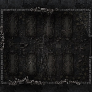 May include: A dark, stone dungeon with a series of cells, each with a barred window. The dungeon is overgrown with vines and cobwebs, creating a spooky and eerie atmosphere.