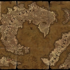 May include: A vintage-style map of Forsaken Islands, with a compass rose in the center. The map is divided into sections, each with a different name, such as "Sea of Bones" and "Dead Mans Straight".