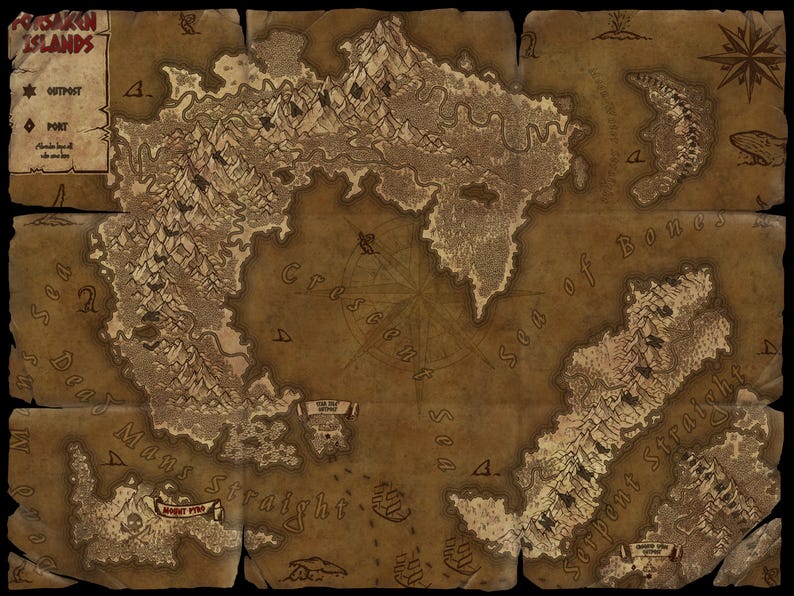 May include: A vintage-style map of Forsaken Islands, with a compass rose in the center. The map is divided into sections, each with a different name, such as "Sea of Bones" and "Dead Mans Straight".