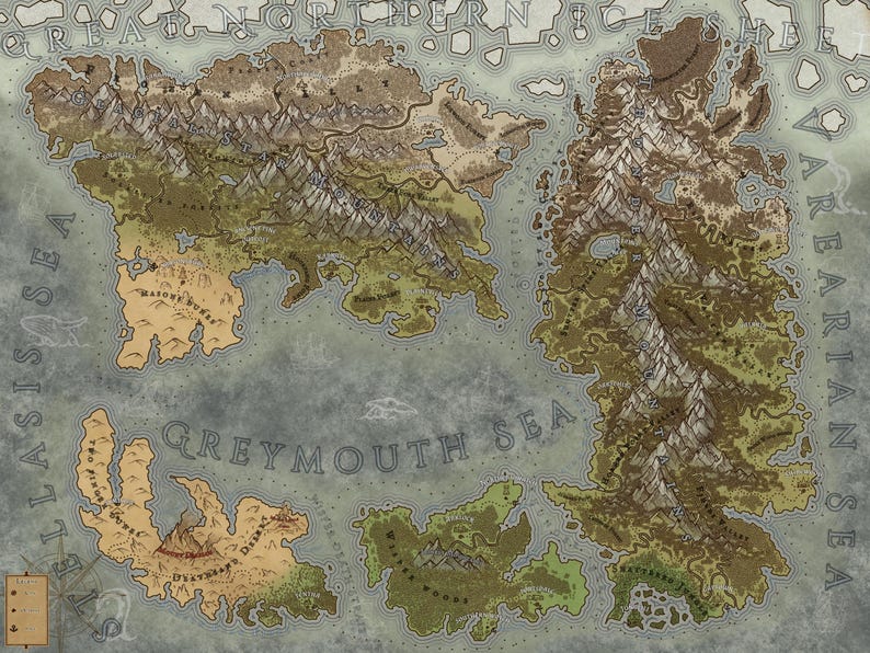 May include: A hand-drawn map of a fictional world with multiple islands and seas. The map is drawn in brown, green, and blue ink on a light gray background. The map includes the names "Greymouth Sea", "The Atlas Sea", and "The Arearian Sea".