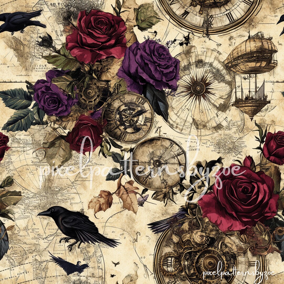 Victorian Gothic Clockwork Pattern: Steampunk Roses and Ravens Digital ...