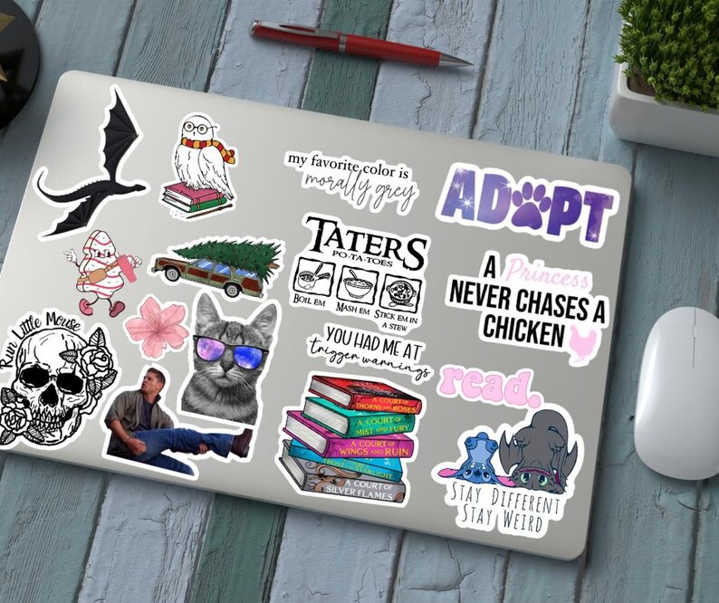 Peut inclure: Un ordinateur portable recouvert de divers autocollants. Les autocollants incluent un dragon noir, un hibou portant des lunettes, un chat avec des lunettes de soleil et du texte qui dit "ADOPT", "A Princess Never Chases a Chicken" et "Stay Different Stay Weird".