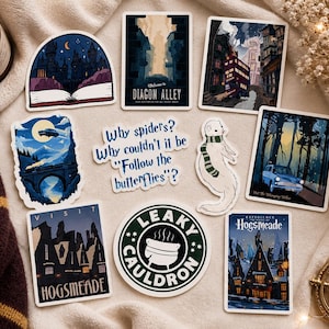 May include: A collection of ten stickers featuring fantasy-themed illustrations, including a castle, a bus, a train, a ferret with a scarf, and a circular Leaky Cauldron logo. One sticker displays the text: Why spiders? Why couldn't it be Follow the butterflies?