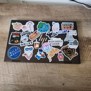 K&ouml;nnte beinhalten: Ein dunkelbrauner Laptopdeckel, der mit einer Vielzahl bunter Aufkleber bedeckt ist, darunter ein blaues Bisasam, ein Hund mit sternenbesetzter Sonnenbrille, ein Donut, ein Drache sowie der Text "ADOPT DON'T SHOP" und "A PRINCESS NEVER CHASES A CHICKEN."